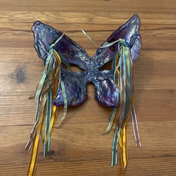 Mardi Gras Mask Butterfly Handcrafted Signed Iridescent Purple Gold - Picture 3 of 12